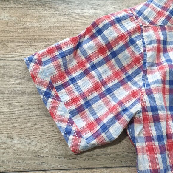 Dukes Bark Men L Plaid Short Sleeve Button Up Shirt Seersucker Casual Patriotic - Picture 8 of 8